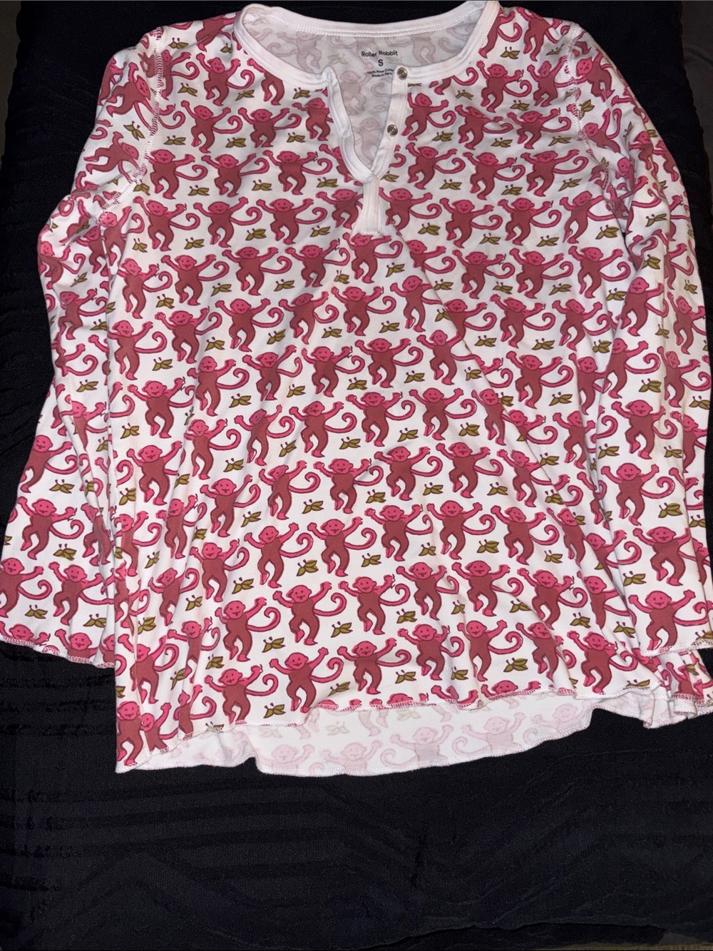 Roller Rabbit Pink Monkey Print Long Sleeve Henley Top